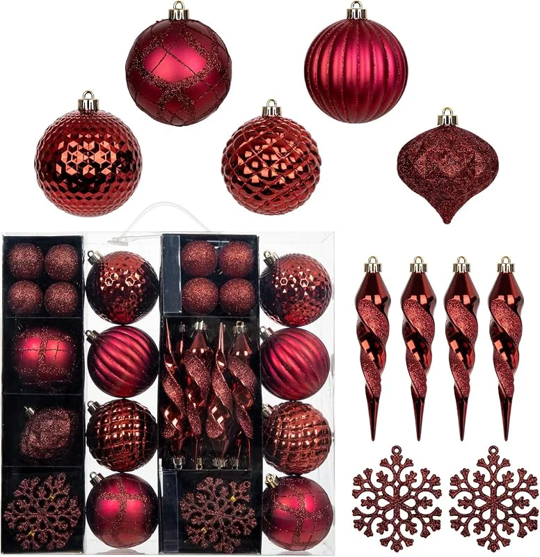 Marke: Arborus Weihnachtsbaumschmuck-Set mit bruchsicheren Weihnachtskugeln, Eiszapfen, Schneeflocke, hängende Ornamente für Zuhause, Büro, Bauernhaus, Burgunderrot, 50 Stück — Weihnachtsdeko