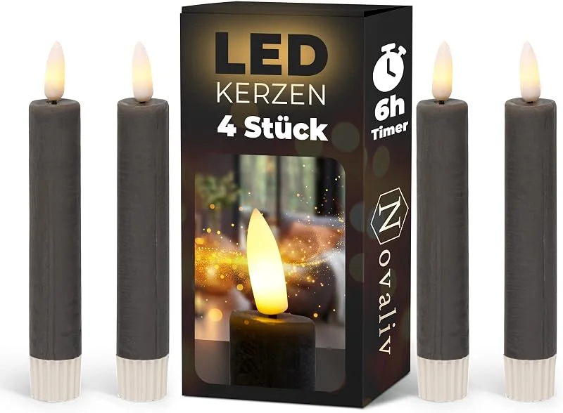 Besuche den Novaliv-Store Novaliv Stabkerzen LED mit Timer GRAU 4 Stück Indoor 6 Stunden - ECHTWACHS 15cm Höhe für Kerzen 2, 2cm Durchmesser 2 AAA Batterien notwendig LED Stabkerzen flackernde Flamme bewegliche Flamme Licht — Advent und Tisch