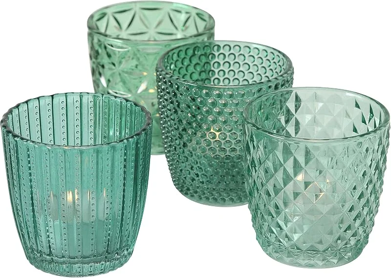 Besuche den Seaside No.64-Store 4er-Set Windlichter aus Glas 7, 5 x 7, 5 cm – versch. Designs – Petrol — Kerzenlicht Abendessen