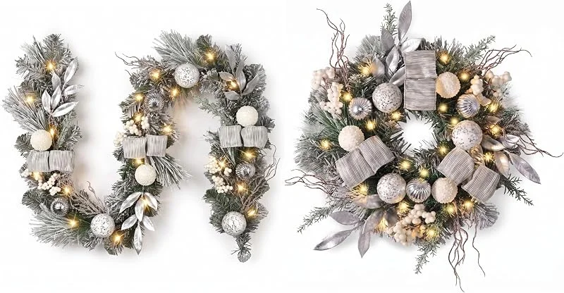 Besuche den Valery Madelyn-Store Valery Madelyn 2PCS Weihnachtsgirlande mit 20 Beleuchtung Timer, künstliche Weihnachtskranz Weihnachtsdeko, mit Kugeln Bogen für Kaminsims Haustür Treppe Tisch, Silbern Weiß