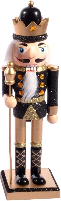 Besuche den Ciao-Store Ciao Christmas Nutcracker Toy Soldier King with Scepter (24cm) Wooden Glittery Decoration, Black, Gold — Weihnachtsdeko