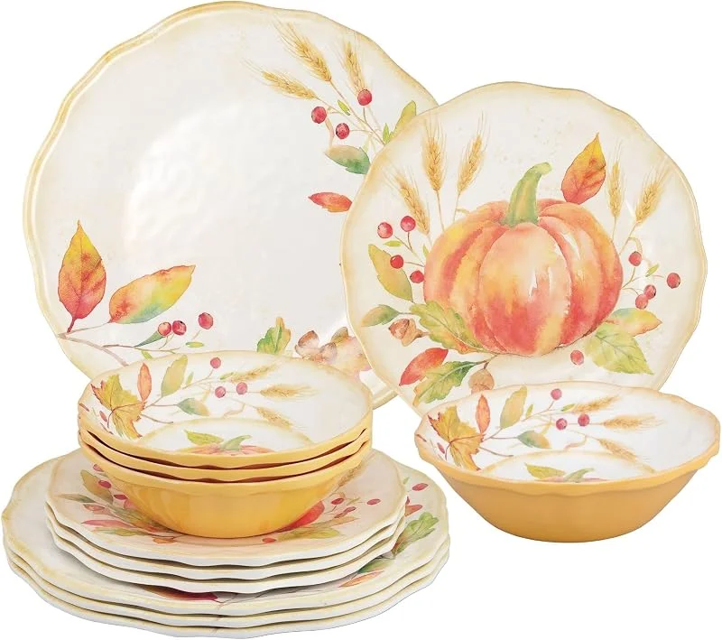Marke: UP UP 12-teiliges Kürbis-Melamin-Geschirr-Set, Outdoor-Geschirr-Set, Teller und Schüsseln, Herbst-Thanksgiving-Dekorationen, Service für 4, Orange — Advent und Tisch
