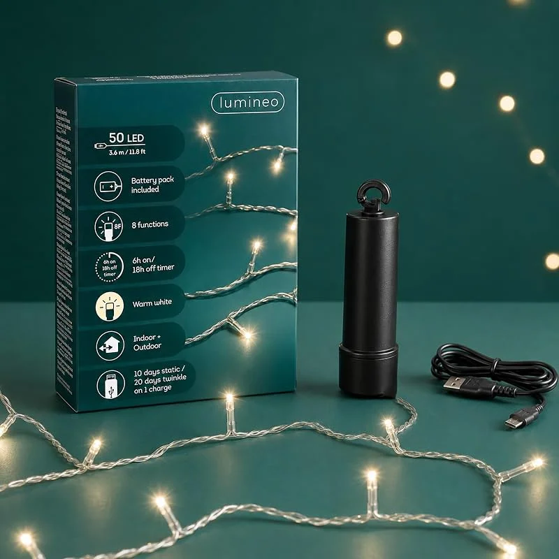 Marke: Lumineo LED Lichterkette 3, 7m Duracharge Batterie 50 LEDs Warmweiß transparent — Weihnachtsbeleuchtung