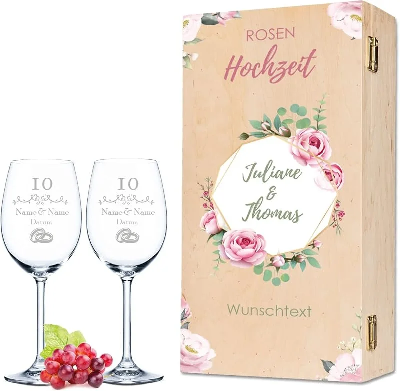 Besuche den GRAVURZEILE-Store GRAVURZEILE Weingläser mit Gravur - Rosenhochzeit Design - Personalisiert mit Namen & Datum inkl. Holzkiste - Geschenk zur Hochzeit Verlobung Jahrestag — Wein und Festtafel