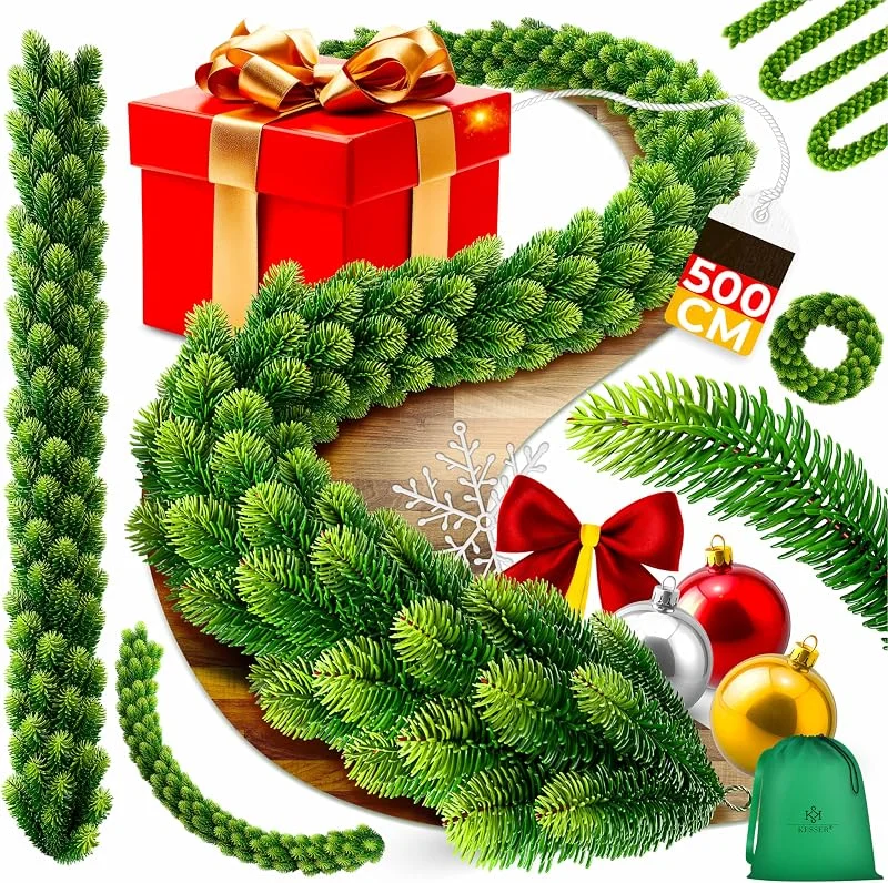Besuche den KESSER-Store KESSER® Weihnachtsgirlande 5m lang dicht – Naturgetreues Tannengrün - wie echt - IP 44 Outdoor & Indoor Girlande - Treppen, Tür, Balkon, Weihnachtsdeko + Tasche, Tannengrün