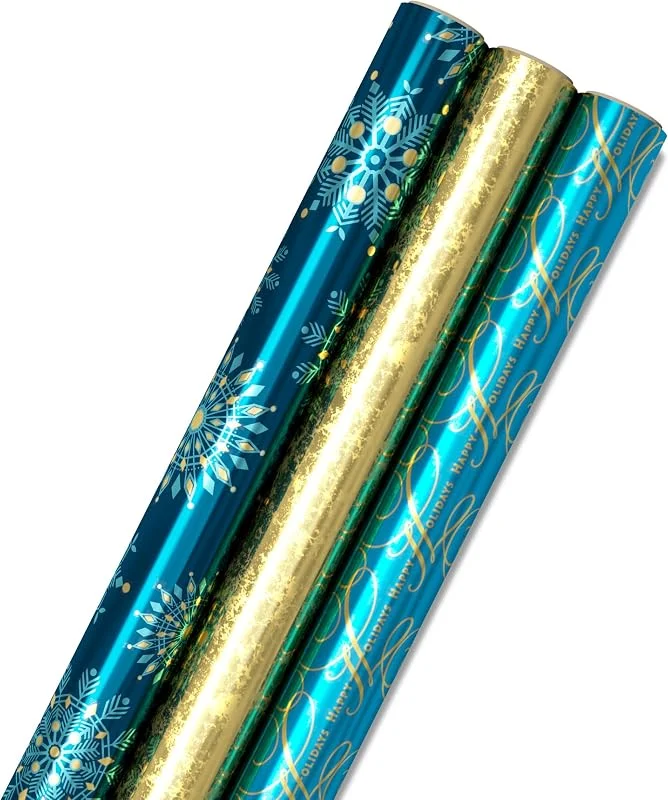 Besuche den Hallmark-Store Hallmark 0005JXW1062 Blaues geschnittenen Linien auf der Rückseite (3 Rollen: 60 qm). ftl Geschenkpapier, Papier, Marineblau und Gold — Geschenkverpackung