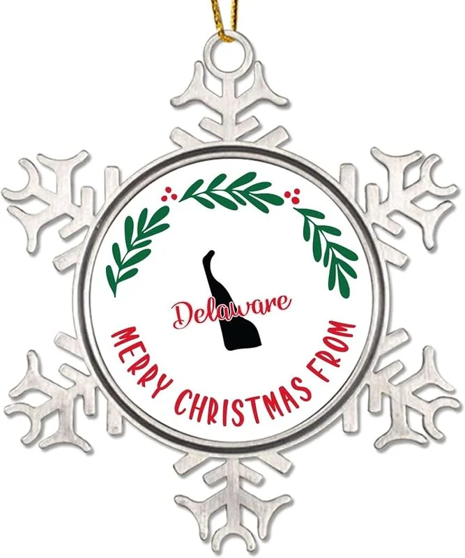 Marke: CowkissSign Merry Christmas From Delaware Christmas Tree Ornament American State USA States Andenken Metall Schneeflocke Xmas Tree Decoration Delaware Weihnachtskranz Lustige Weihnachtsdekoration