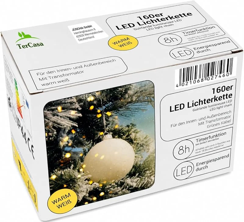 Besuche den TerCasa-Store 998602 LED Lichterkette mit 160 LED Lämpchen, warm weiß, mit Trafo und 8 Stunden Timerfunktion, für Innen und Außen, grünes Kabel Länge 23, 90 m, Zuführung 8 m, LED Abstand 10 cm, GS geprüft — Weihnachtsbeleuchtung