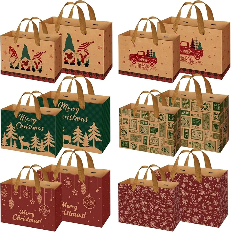 Marke: Generisch Weihnachts-Geschenktüten, Weihnachtspapier-Geschenktüten in 2 Größen, wiederverwendbare Kraftpapiertüten mit Griffen, Weihnachts-Leckerli-Taschen für Geschenke, Partygeschenke, Süßigkeiten — Geschenkverpackung