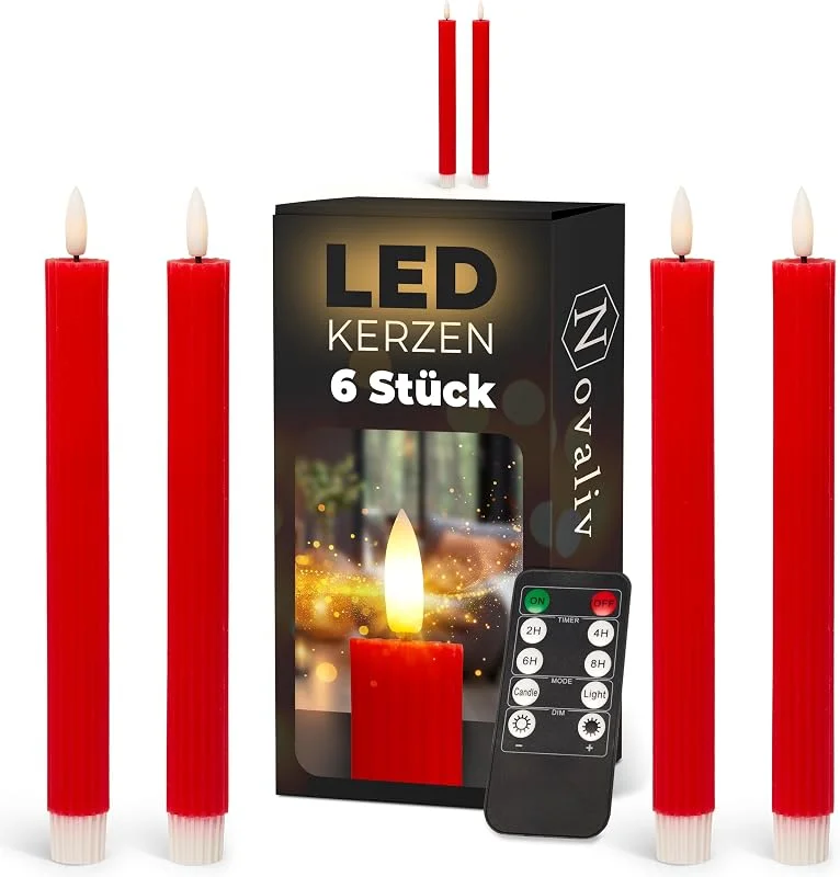Besuche den Novaliv-Store Stabkerzen LED mit Timer ROT 6 Stück indoor - 6 Stunden - ECHTWACHS gerippt 23cm Höhe für Kerzen 2, 2cm Durchmesser 2 AAA Batterien notwendig LED Stabkerzen 2er Set ROT (zwei Mal) bewegliche Flamme — Advent und Tisch