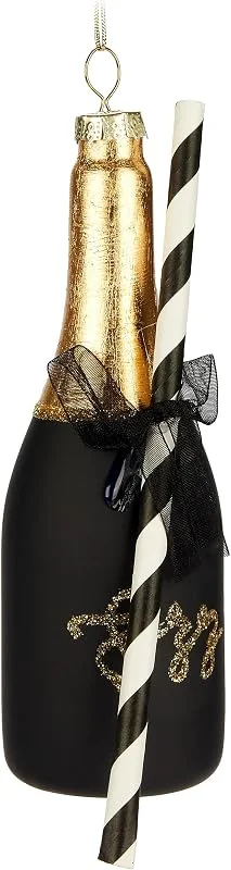Besuche den BRUBAKER-Store BRUBAKER Champagner Flasche mit Strohhalm - Handbemalte Weihnachtskugel — Weihnachtsdeko