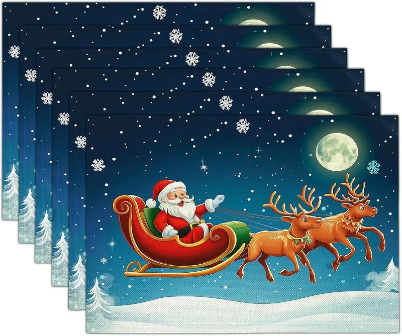Marke: GDJSMIN 2er Set Tischset Platzset Weihnachts-Cartoon-Illustrationen Weihnachtsmann- Und Rentier-Muster Bei Vollmond Platzmatte hochwertige Baumwolle und Leinen Tischunterlagen Tischdecke 45x30cm (Dunkelblau) — Küche & Haushalt