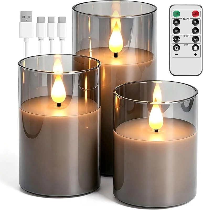 Marke: Broyal Broyal 3er-Set Led Kerzen Aufladbar, Grau Glas LED Kerzen(15, 12.5, 10cm), Flammenlose Kerze mit Fernbedienung und Timer, für Home und Feste Weihnachten Decor — Weihnachtskueche