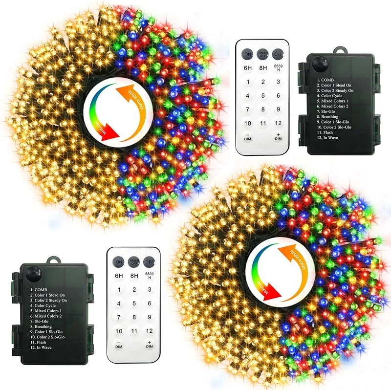 Besuche den CCILAND-Store CCILAND 2 Stück Weihnachtsbaumlichter Batterie, 2 Farben wechselnde Lichterkette mit Fernbedienung, 12 Modi, grüner Draht, Weihnachtsbeleuchtung für Schlafzimmer, Garten, Weihnachtsbaumdekoration