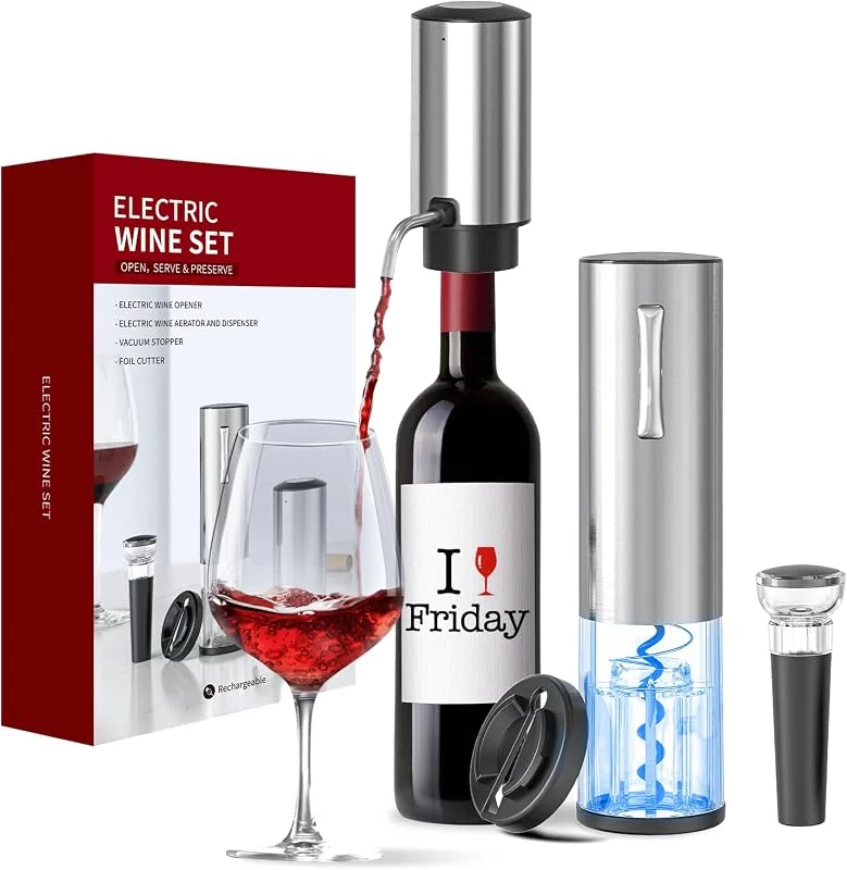 Marke: Rocyis Weingeschenke-Elektrischer Weinöffner und Belüfter-Set, wiederaufladbarer Weinspenderausgießer, Weinflaschenöffner mit LED-Licht, Folienschneider, Vakuum-Stopfen, Silber-Set — Wein und Festtafel