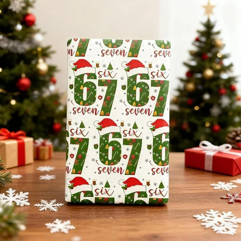 Marke: Generisch 67 Geschenkpapier, 67 Meme lustiges Weihnachts-Geschenkpapier, Weihnachtsdekorationen, lustige Vintage Six Seven Meme-Geschenkpapierrolle, 2 Stück dicke, glatte, festliche, handgefertigte Dekorationen — Geschenkverpackung