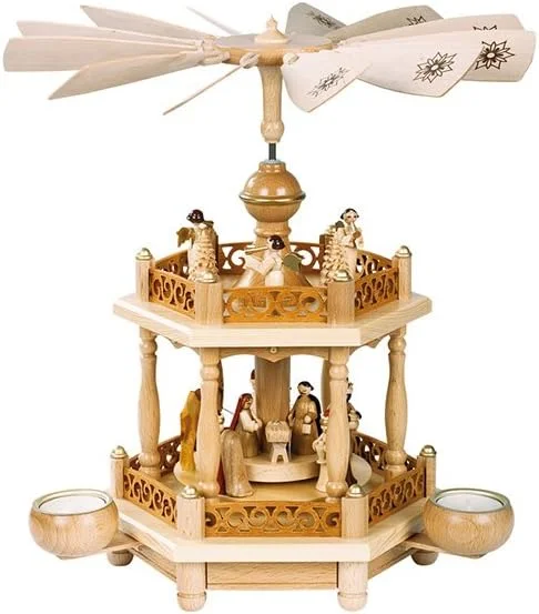 Marke: Richard Glässer Seiffen Weihnachtspyramide Christi Geburt, 1-stöckig, 35 cm hoch, Natur mit Teelichter, original Erzgebirge — Weihnachtsdeko